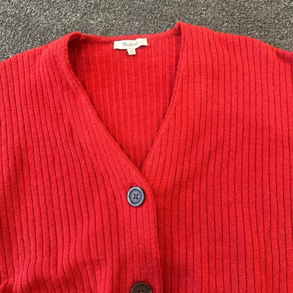 Madewell Red Ribbed Boxy 3 Button Wool Alpaca Blend Long Sleeve Cardigan Size XS - Picture 9 of 10